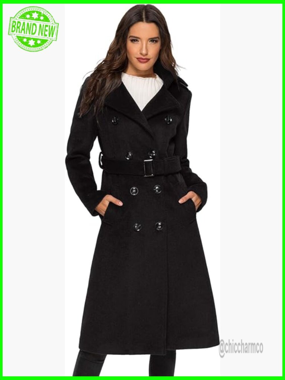 Long Wool Pea Coat Double Breasted Trench With Belt Winter Coat